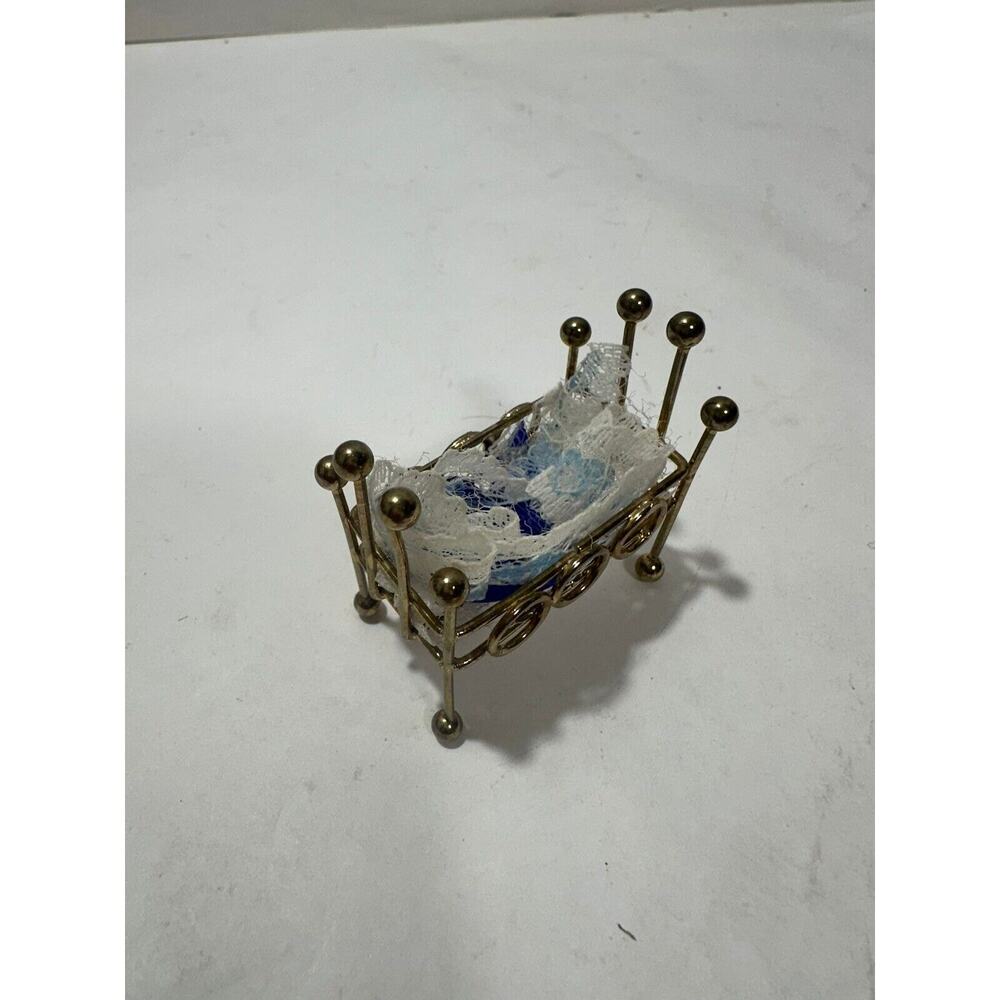 Vintage Miniature Dollhouse Brass Cradle Crib With Lace Golden Color 1950’s